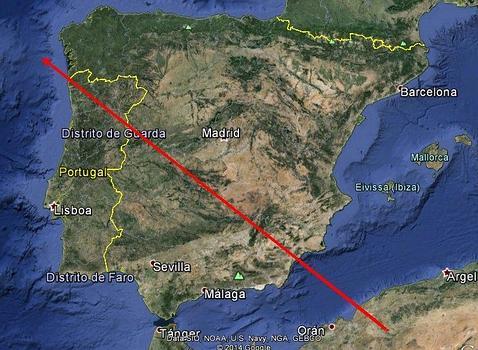 Trayectoria del bólido rozador sobre la Península