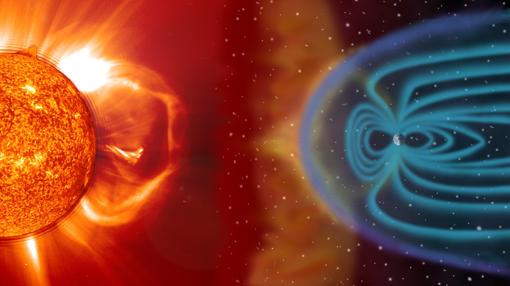 Las tormentas solares son amortiguadas en parte por el campo magnético terrestre (en azul)