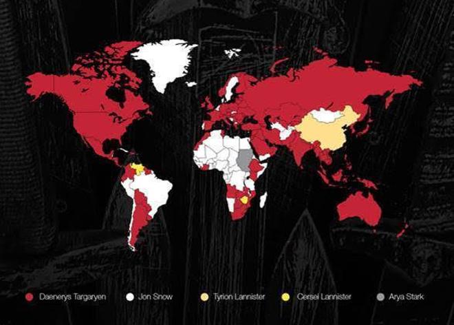 Mapa del mundo que revela en qué región es más popular cada personaje de «Juego de Tronos»