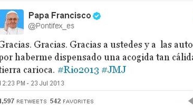 El Papa da gracias en Twitter «por una acogida tan cálida en tierra carioca»