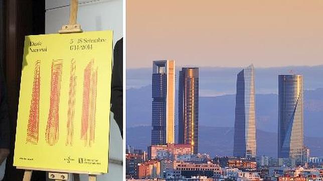 Cartel de los actos de la Diada junto a una imagen de las cuatro torres de Madrid