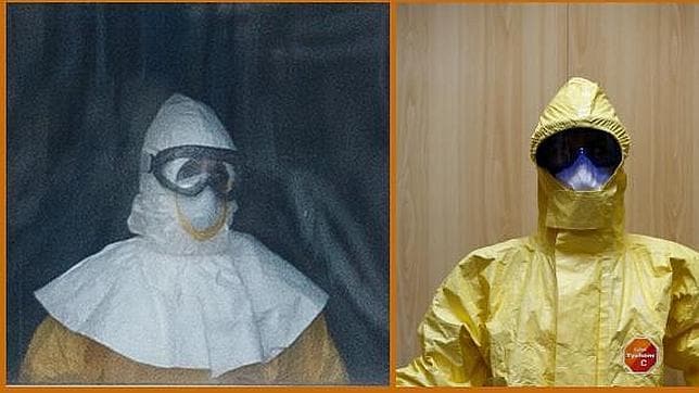 A la izq., un trabajador sanitario en el Carlos III, en la habitación de un paciente en observación por ébola. A la drcha., la colocación del traje como explica Ramos STS