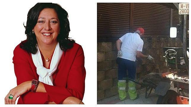 Un obrero municipal (izquierda) repara la fachada de la vicealcaldesa, Teresa Fernández (derecha)