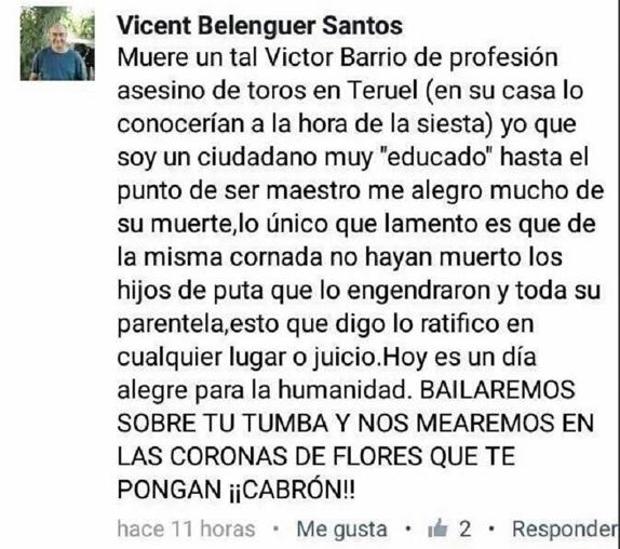 Comentario en las redes sociales que ha sido denunciado por la Fundación del Toro de Lidia