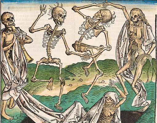 Uno de los grabados de la Danza macabra de Hans Holbein el Joven, 1538. La temática está influida por las epidemias de peste de la Edad Media