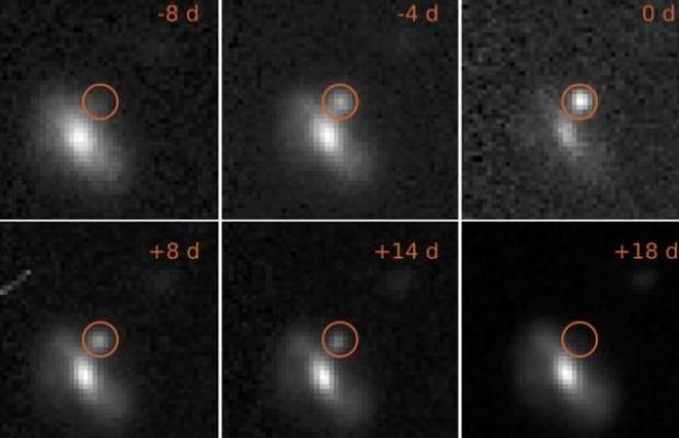 Imágenes de una de las 72 inexplicables explosiones de estrellas detectadas por los astrónomos. A diferencia de una supernova "normal", en este caso el brillo apenas duró 18 días