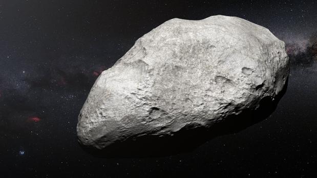 Representación de «2004 EW95». Está compuesto por carbono y roca, a diferencia de los otros cuerpos conocidos del cinturón de Kuiper, el lugar donde se ha hallado