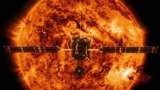Impresión artística de Solar Orbiter frente a una tormenta solar