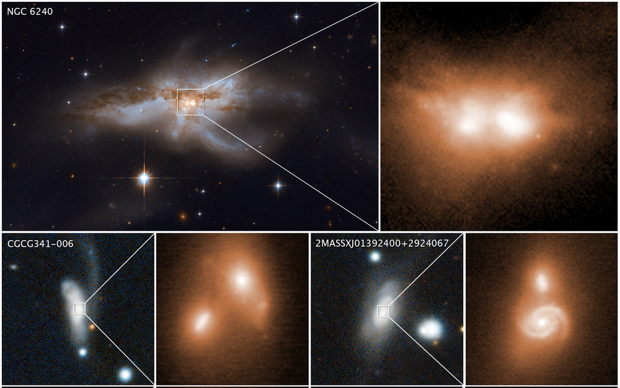 Etapa final de la fusión de varias galaxias. En sus núcleos hay parejas de agujeros negros supermasivos en crecimiento que se fundirán en uno solo