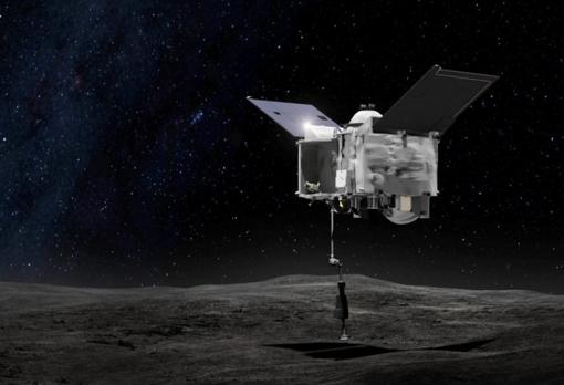 Representación de cómo la OSIRIS-REx se aproximará a Bennu para recoger muestras