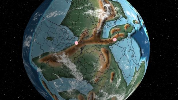 Imagen de la Tierra que marca Madrid y Nueva York hace 340 millones de años