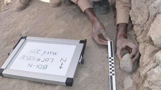 Blade Engda, de la Universidad de Poitiers, levanta un artefacto de un sedimento de 2,6 millones de años, exponiendo una huella del artefacto en la superficie antigua debajo
