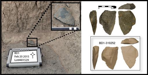Un gran artefacto verde encontrado in situ en el sitio de Bokol Dora. Derecha: Imagen del mismo artefacto y un modelo tridimensional del mismo artefacto