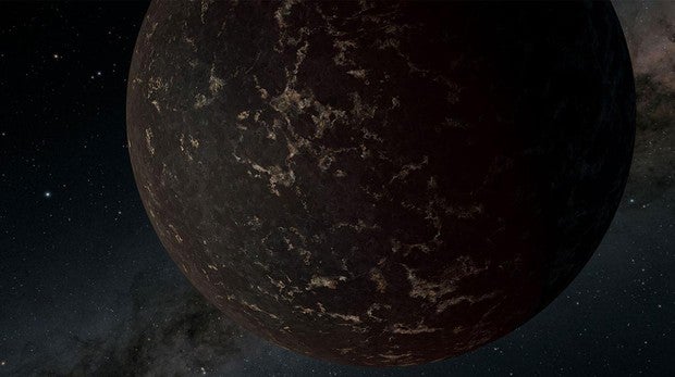 Representación del exoplaneta LHS 3844b. Su superficie es oscura y se enfrÃa y se calienta drásticamente a medida que gira alrededor de su estrella