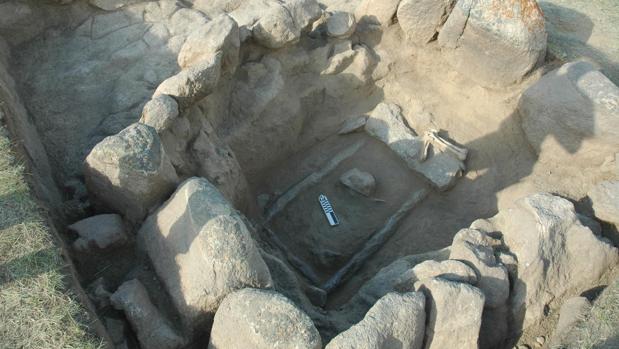 Este es el detalle de los restos humanos excavados de una tumba de la Edad de Bronce en el yacimiento de Dali, Kazajstán. Las muestras de este entierro muestran un cambio significativo en la ascendencia de los habitantes después del año 2000 aC, pasando de una mezcla de cazadores recolectores siberianos occidentales y granjeros iraníes, a una ascendencia mixta con grupos de estepas centrales y poblaciones del sur de Asia central