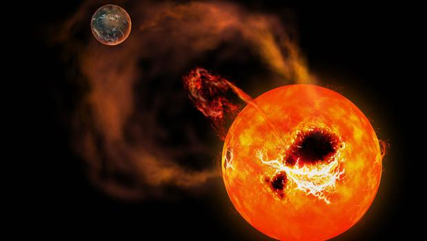 Impresión artística del efecto dramático que podría tener una súper llamarada sobre una estrella enana roja sobre un exoplaneta similar a la Tierra que orbita alrededor de ella