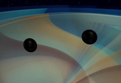 Simulación de dos agujeros negros que se inspiran y se fusionan emitiendo ondas gravitacionales