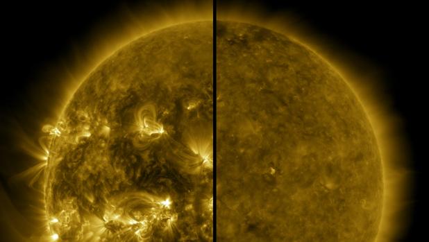 Esta imagen dividida muestra la diferencia entre un Sol activo durante el máximo solar y un Sol tranquilo durante el mínimo solar