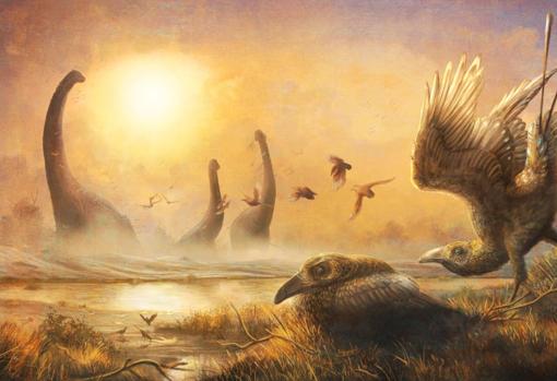 Ilustración que representa al Falcatakely en medio de dinosaurios no aviares y otras criaturas durante el Cretácico Superior en Madagascar