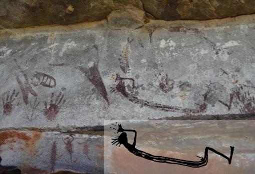 Representación poco común de una figura humana del estilo de pintura más antiguo de Kimberley. El recuadro muestra cómo la figura tiene un nido de avispas sobre los dedos, en la parte superior izquierda, que ayudó a datarla en más de 9.000 años