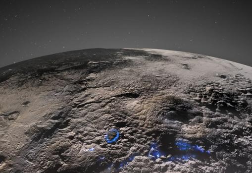 Terreno criovolcánico en Plutón, con posible actividad pasada marcada en azul