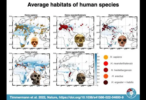 With points, indicated the remains found of each species;  in blue, their possible habitats
