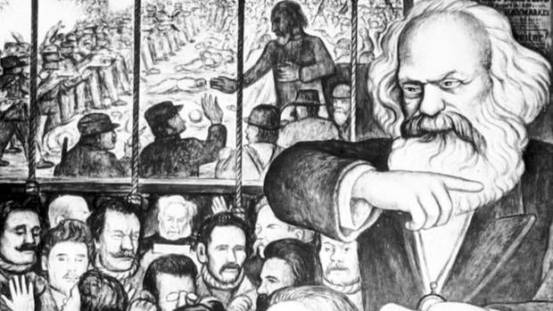 Detalle del mural de Diego Rivera con Marx y los mártires de Haymarket