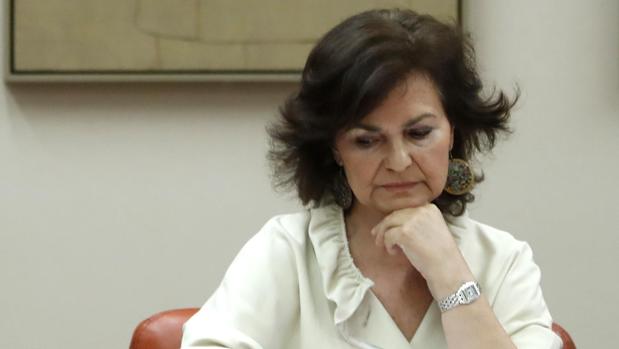 La vicepresidenta Carmen Calvo, durante su comparecencia ante la Comisión de Igualdad en el Congreso