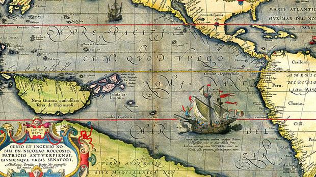 La Nao Victoria en un mapa del Océano Pacífico de 1589