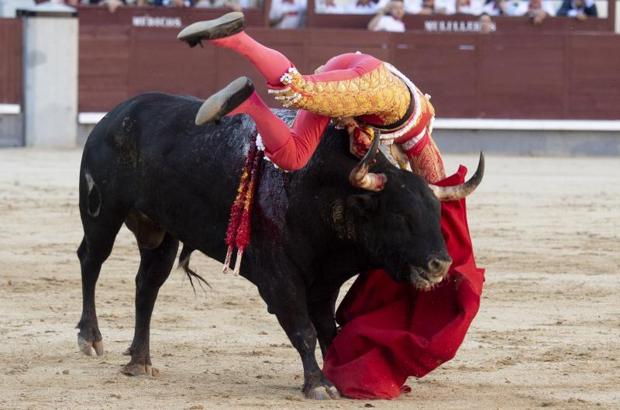 Paco Ureña, durante la cogida del segundo toro en Las Ventas