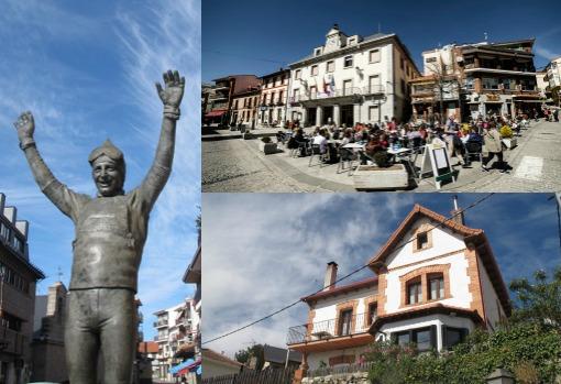 Estatua de Paco Fernández-Ochoa (izq.), el centro de Cercedilla (arriba) y casa de Ramón y Cajal (abajo)