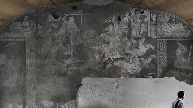 Detalle del apóstol Santiago en la batalla de Clavijo representada en el frontal del retablo