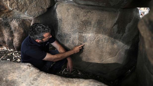 Grabados en una roca con imágenes de animales dentro de un dolmen de la Edad del Bronce en los Altos del Golán