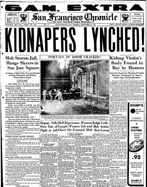Portada del &#039;San Francisco Chronicle&#039; con el linchamiento ocurrido en San José el 26 de noviembre de 1933
