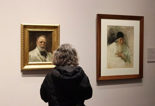 Two works by Pradilla.  On the left, 'Self-portrait', from 1917. On the right, the watercolor 'Marino Faliero, Dux LV', from 1883