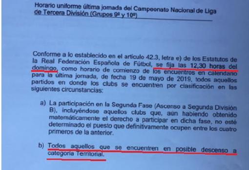 Carta de la RFAF sobre el horario obligatorio para aquellos clubes inmersos en ascensos o descensos en la última jornada de la liga