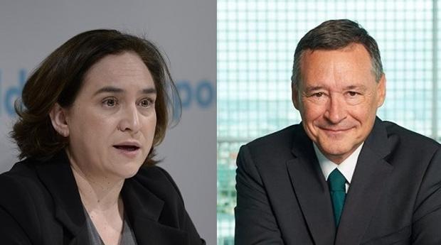 La alcaldesa de Barcelona, Ada Colau, y el presidente de Agbar, Ángel Simón