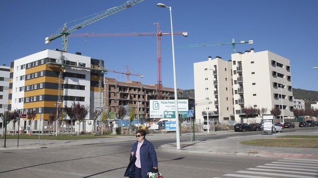 Mujer paseando por Córdoba con un edificio en construcción de fondo