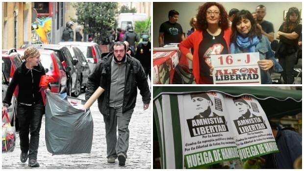 A la izquierda, Zapata durante un desalojo del Patio Maravillas; a la derecha (arriba) Arce en apoyo de «Alfon» y el cartel a favor de Bódalo en la Puerta del Sol