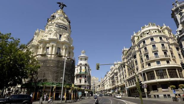 Calles de Gran Vía y Alcalá, en el centro de Madrid