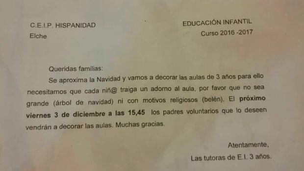 Imagen de la carta que han recibido los padres del colegio Hispanidad de Elche