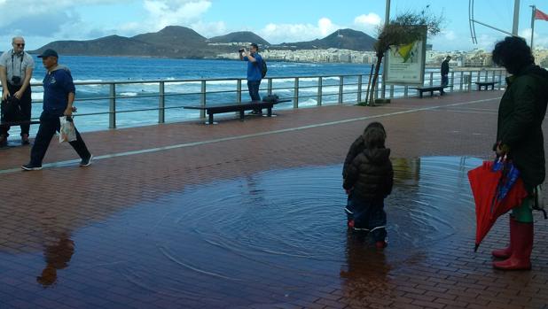 Escolares jugando con un charco de agua en la Playa de Las Canteras