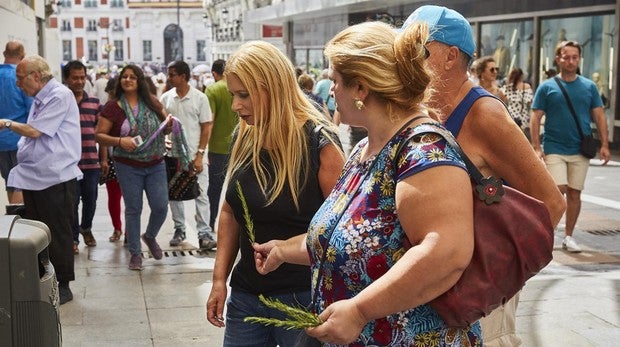 Una gitana intenta vender romero a dos turistas en la calle de Preciados
