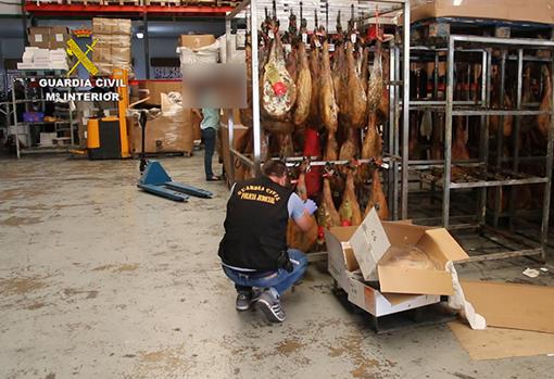 Un agente observa parte de los jamones inmovilizados