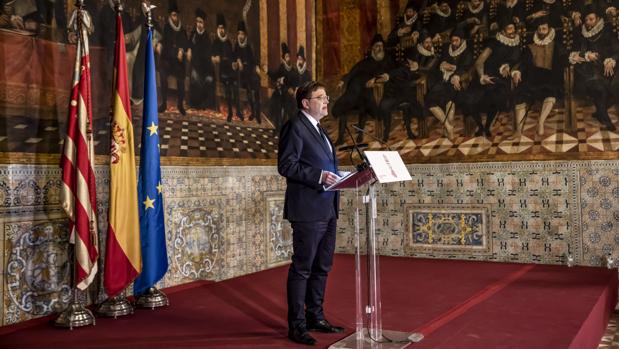 Ximo Puig, en el Palau de la Generalitat cuando anunció el adelanto electoral