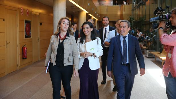 Rocío Monasterio, junto con varias personas de su equipo, ayer en la Asamblea de Madrid