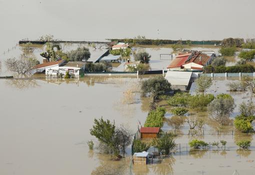 Aerial view of lands and properties flooded by the overflowing waters of the Ebro
