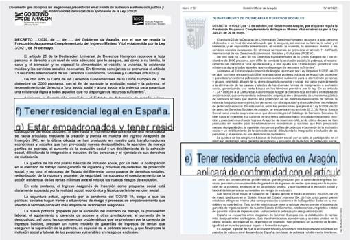 A la izquierda, el proyecto de decreto que el Gobierno aragonés tenía listo en septiembre, al que tuvo acceso ABC. Y, a la derecha, el que ha promulgado finalmente: en vez de exigir la «residencia legal en España», basta la «residencia efectiva en Aragón»