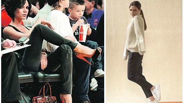 Izqu., Victoria y sus Louboutin en un partido de baloncesto en 2009; derecha, el pasado enero en Nueva York