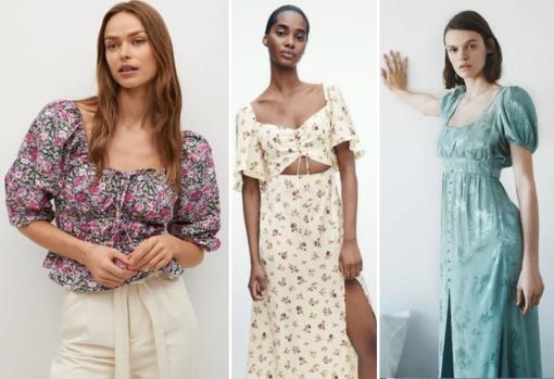 De izda. a dcha.: Blusa con volantes y flores, de Mango (29,90€). Vestido satinado con flores y aberturas, de Zara (39,90€). Vestido de jacquard azul celeste, de Zara (39,90€).